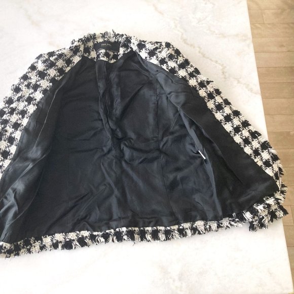 Zara frayed checked blazer black & white woven houndstooth jacket / coat, size S - Picture 8 of 10